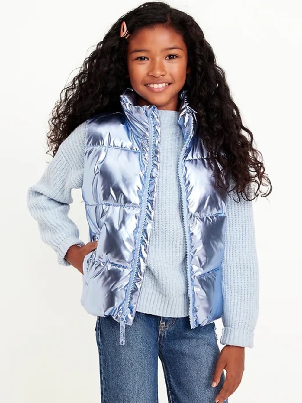 OLD NAVY Girls Water-Resistant Metallic Puffer Vest- size large (10-12)- $12